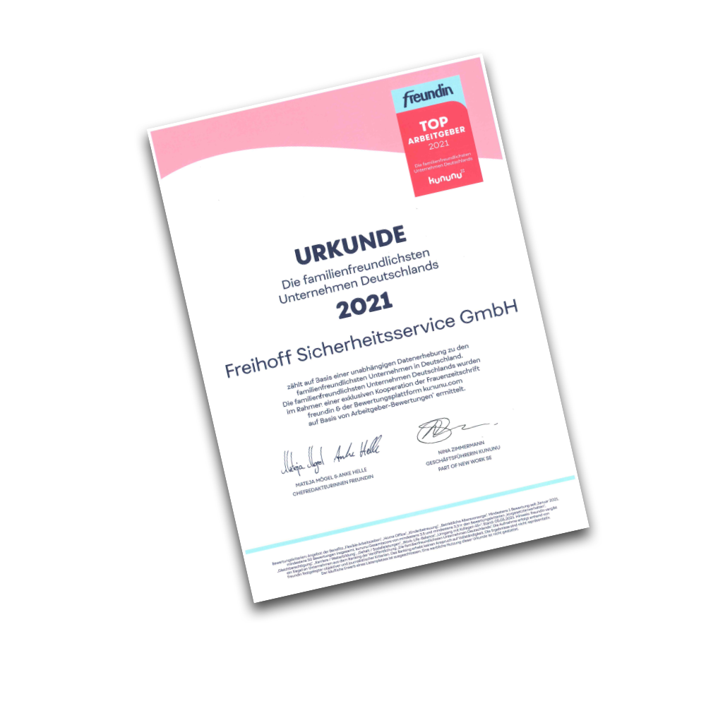 2021 gehört die Freihoff Sicherheitsservice GmbH zu den TOP 10 der familienfreundlichsten Unternehmen Deutschlands