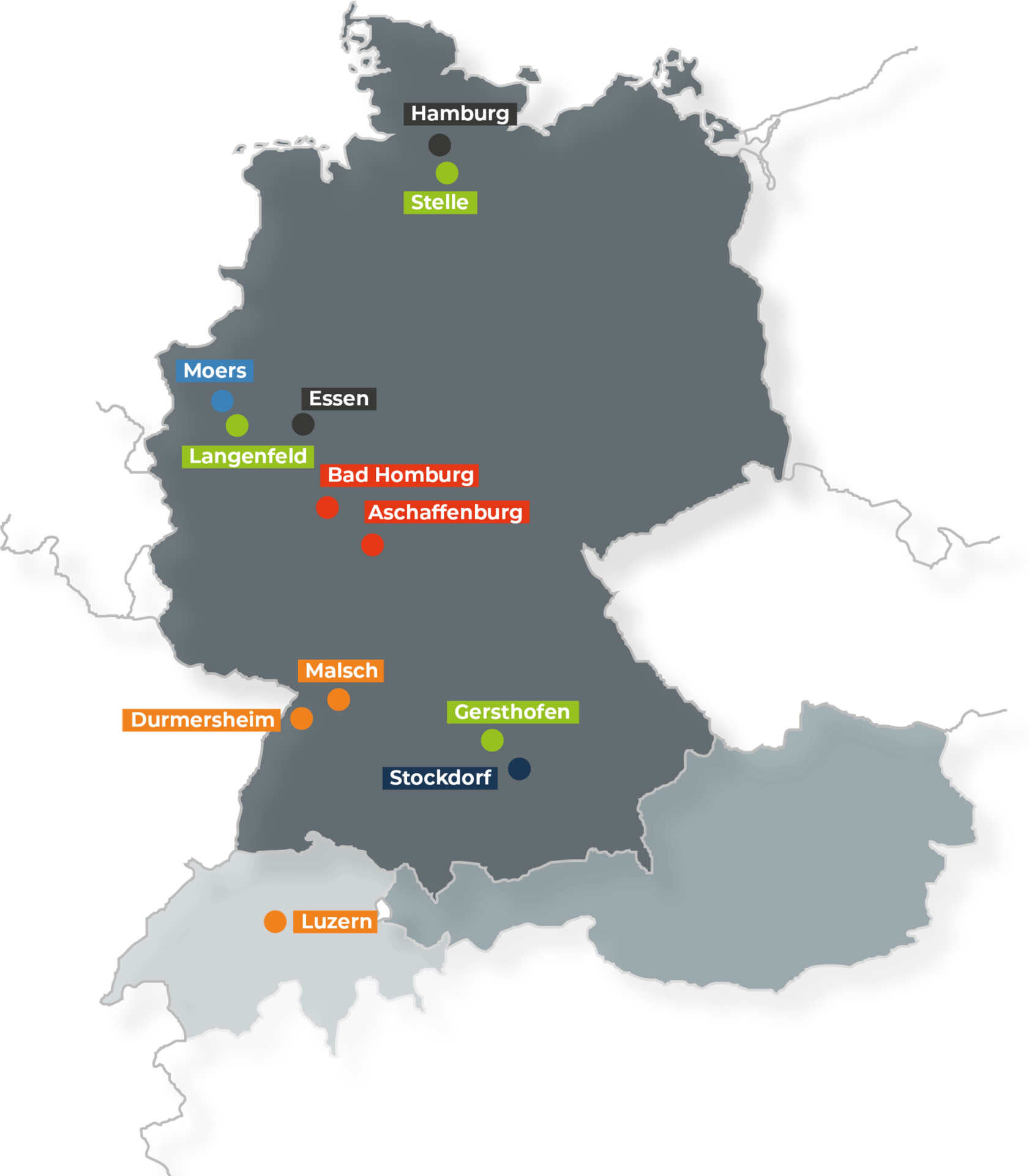 Karte Standorte in Deutschland, Österreich und Schweiz